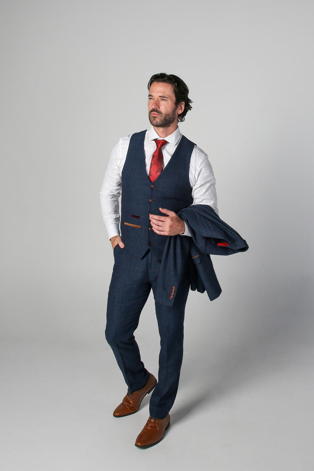 Men's Scott Navy Blue Herringbone Tweed Tailored Fit Suit