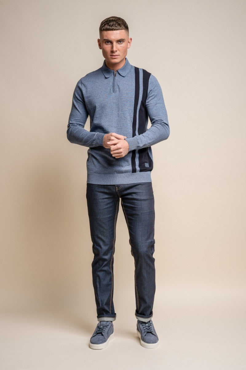 Mens Mid Blue Cotton Polo Side Stripe Jumper DIABLO