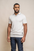 Men’s cotton knit polo, short sleeve, navy to ecru