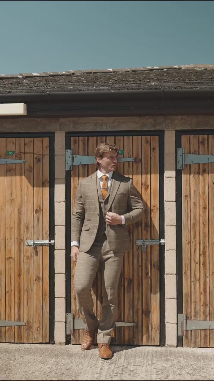 Mens Brown Wool Blend Herringbone Check Suit ALBERT